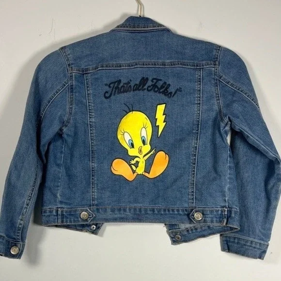 Looney Tunes‎ Kids Retro Nostalgia Yellow Tweety Bird Denim Jean Jacket Girls 7