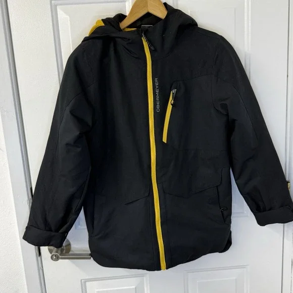 Obermeyer Gage Insulated Teen Ski Jacket Coat‎ Black Yellow Kids Sz Medium 10-12
