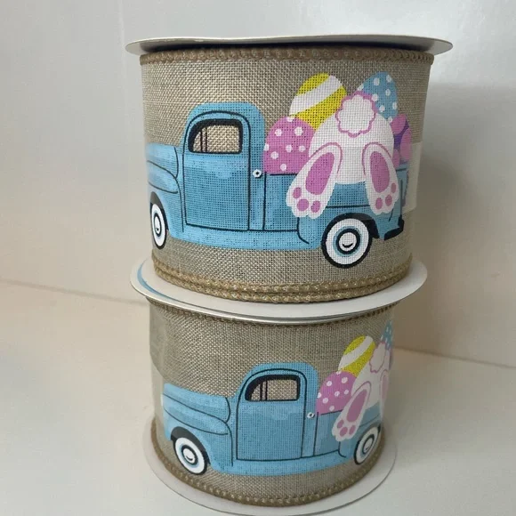 Burlap Ribbon with Colorful Truck & Bunny Design,Easter wired ribbon, 2.5”x20ft