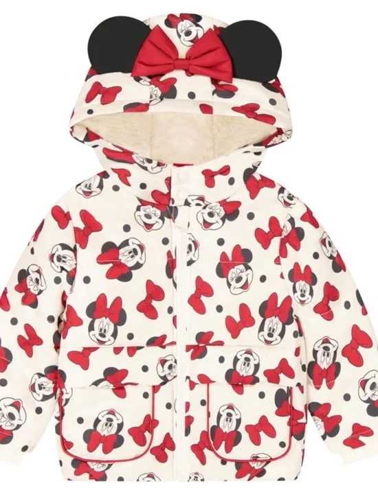 BRAND NEW MINNIE Girls' Cream Jacket with Red Bow & Black Ear Hood Size 12 Mos