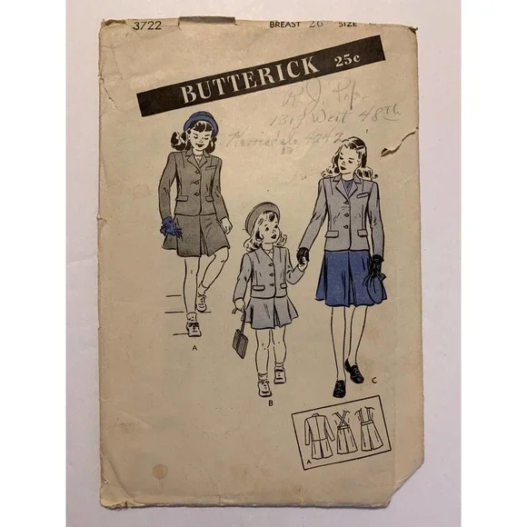 Butterick #3722 Vintage 1940's Girls Size 8 PATTERN GUIDE‎ ONLY