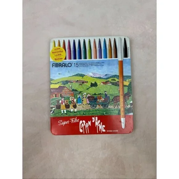 Vintage Caran d'Ache FIBRALO Fiber-Tipped Pens with Swiss Alpine Scene Metal Tin
