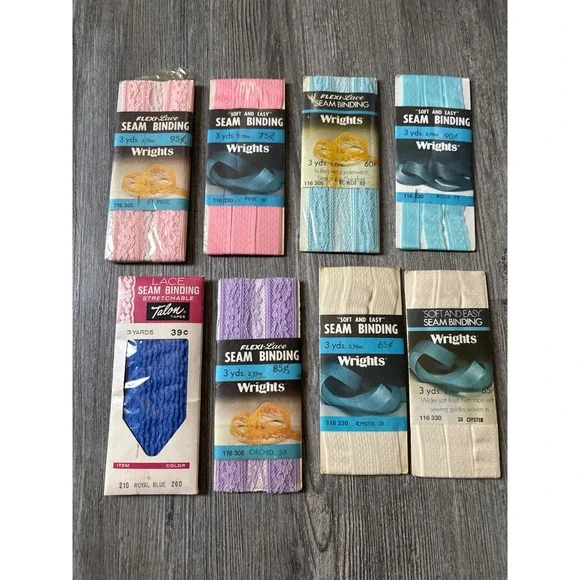 Vintage Wrights Talon Seam Binding Lace‎ Trim Lot 8 Pink Blue Orchid Oyster 3yd