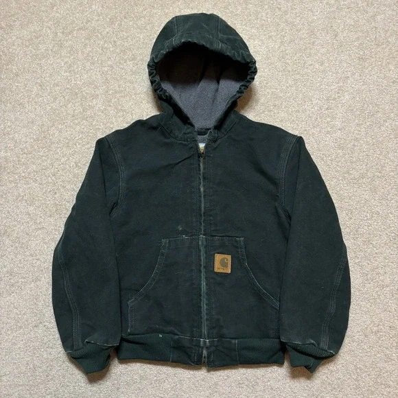 Vtg Carhartt Jacket Boys‎ Small 6/7 Spruce Green Canvas Hooded Active YYJ169 SPC