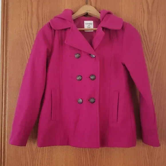 EUC Girls Old Navy Fuschia Hooded Wool Blend Winter Coat Jacket Sz  L (10-12)