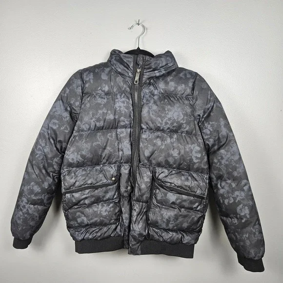 Ivivva‎ Girls 12 Down Puffer Jacket Hooded Quilted Bomber Floral Black Gray Coat
