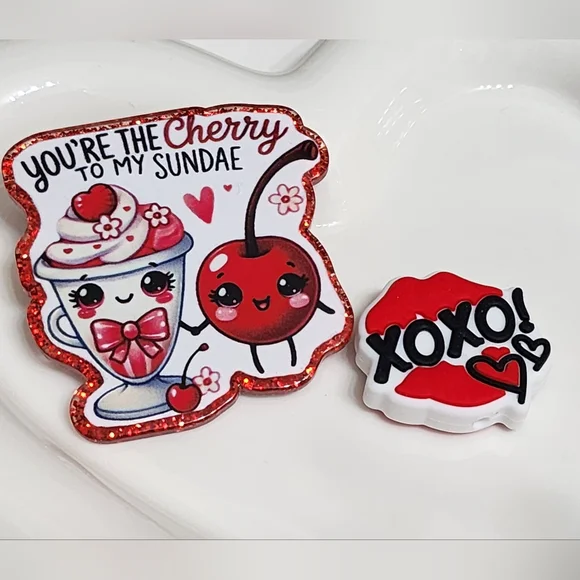 Acrylic‎ Flatback Focal Bead Love Food XOXO Valentine Badge Crafts Cherry Sundae