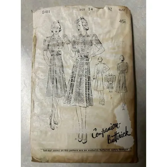 Vintage 1940's Butterick Pattern #8411 Shirtwaist Dress Size‎ 14 HTF