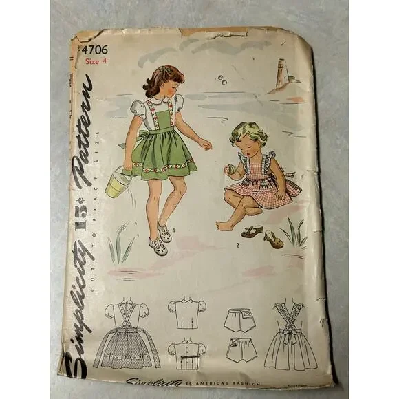 Vintage‎ 1940's Simplicity Pattern #4706 Pinafore, Blouse and Panties Size 4
