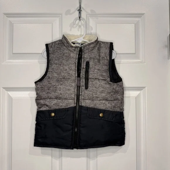 Little Lad Boys Grey Black Puffer Vest‎ Faux Shearling Collar Size 4T