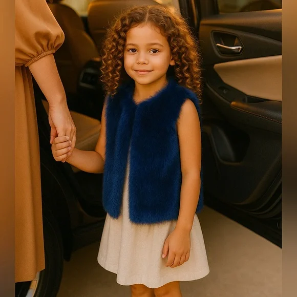 🆕🎀 C de C Faux Fur Baby Girl Vest Coat 4Y Blue