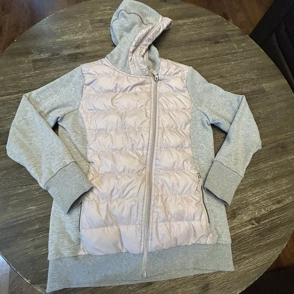 Athleta Girl Hybrid Down Puffer Hoodie Jacket Pink Gray Full Zip Girls XL 14