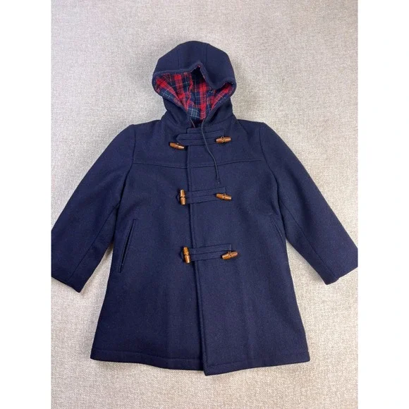 Imp Originals Kids Navy Blue Wool Duffle Coat Plaid Lined Toggle Size 8 USA Made