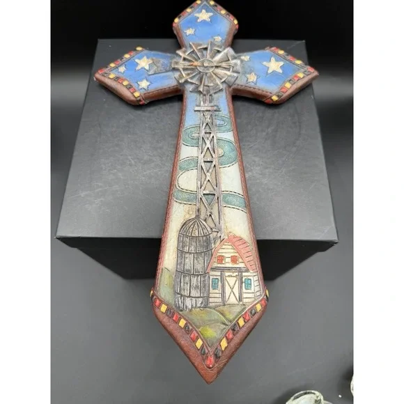 🌾✝️ Painted Resin Cross Décor w/ Farm Scene & Windmill – Country Americana ✝️🌾