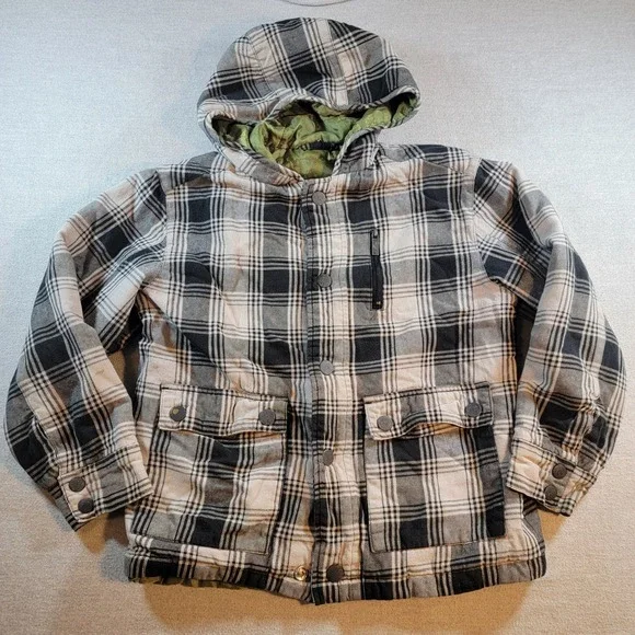 Plaid Hooded Jacket Kids Size Unknown Black White Gray Good Flannel