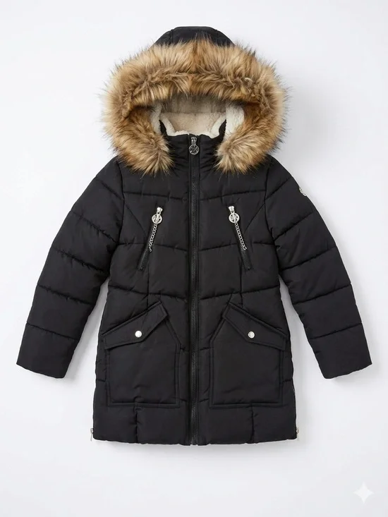 DKNY Girls Black Puffer Coat Sherpa Hood Size M (10/12)