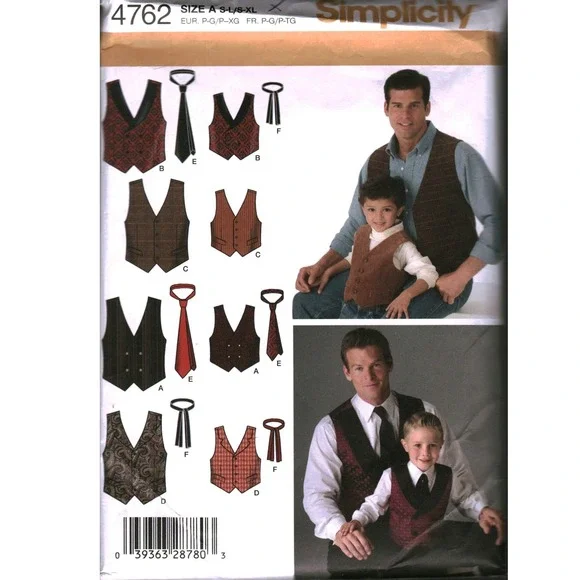 Simplicity 4762 Mens Boys Vest Tie Sewing Pattern Size S-XL Formal Casual cut