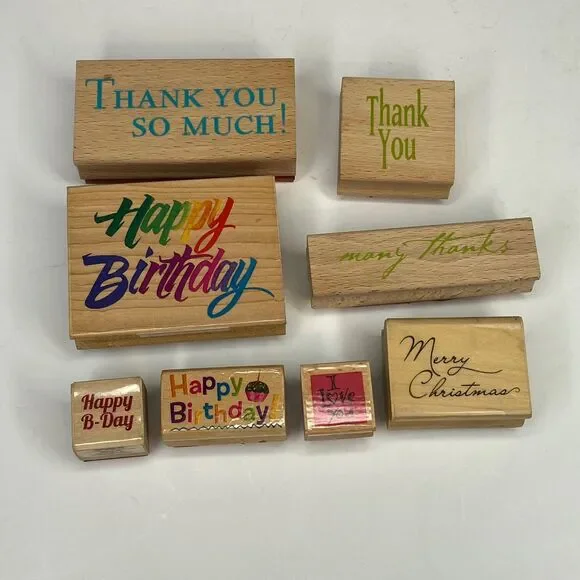Lot of 8 Assorted Happy Birthday Merry Christmas Thank You Rubber Stamps