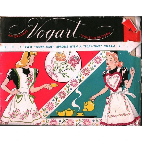 Vintage Vogart Transfer Pattern 141 Two Work-Time Aprons Floral Embroidery Retro
