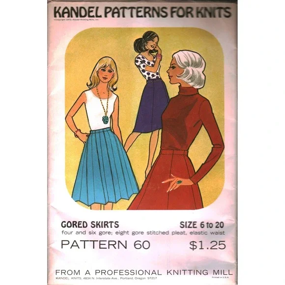 Vintage 1972 Kandel Patterns for Knits Pattern 60 Gored Skirts Size 6-20 Retro