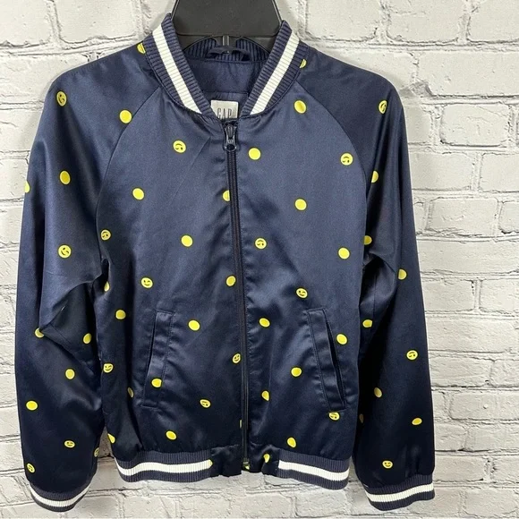 Gap Kids Satin Emoji Bomber Jacket Full Zip Lined Navy Blue with Smiley Face XL