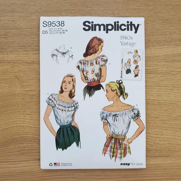 NEW Simplicity Vintage 1940's Blouse Sewing Pattern