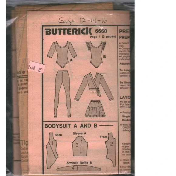 Vintage Butterick 6660 Sewing Pattern Bodysuit Leggings Wrap Top Skirt Sz 12-16
