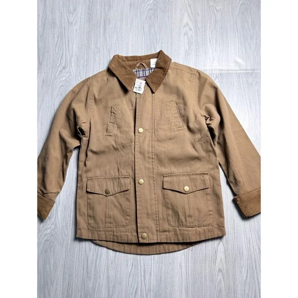 Authentic Graphite Kids Tan Canvas Barn Jacket Corduroy Collar Plaid Lined