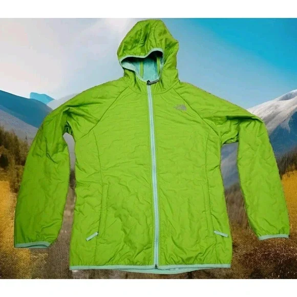 the NORTH FACE HOODED QUILTED FLEECE‎ LINED JACKET in Girl's Size XL 18 Green