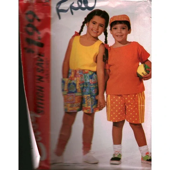 Vintage 1993 McCall's 6493 Kids T-Shirt Tank Top Shorts Hat Sewing Pattern 3-5