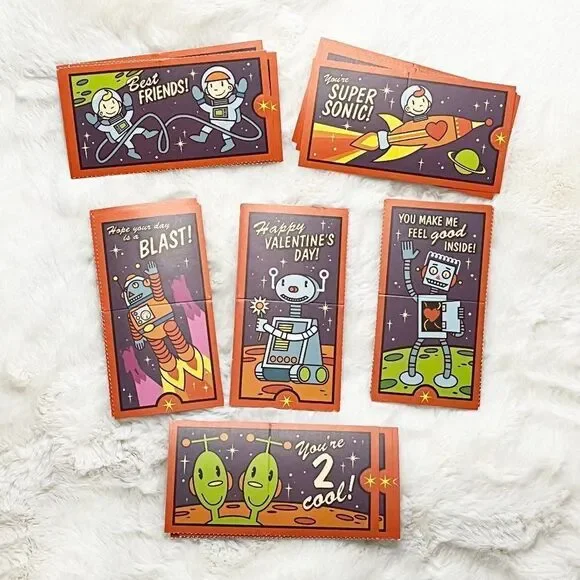 🔮 5/$25 Vintage Y2K Space, Robot & Alien Themed Valentine‎ Cards & Stickers