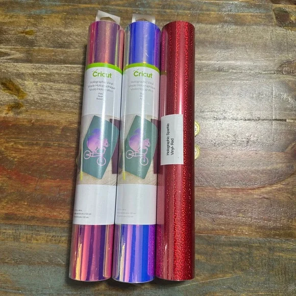 Cricut Holographic Vinyl Bundle Pink Blue Red Sparkle 12x48 3 Rolls New