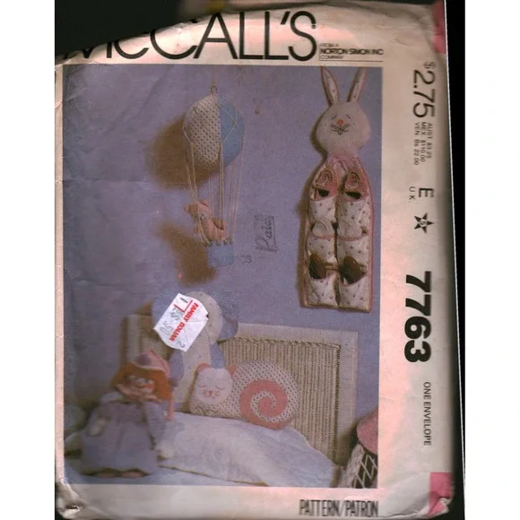 Vintage McCalls 7763 Childrens Room Accessory Sewing Pattern Bunny Cat Elephant