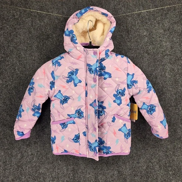 Disney Stitch Quilted Hooded Puffer Jacket Kids Size 3 Pink‎ Midweight NEW
