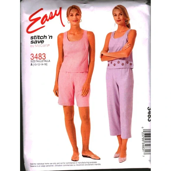 McCalls 3483 Stitch n Save Sewing Pattern Tank Top Capri Pants Shorts Size 10-16