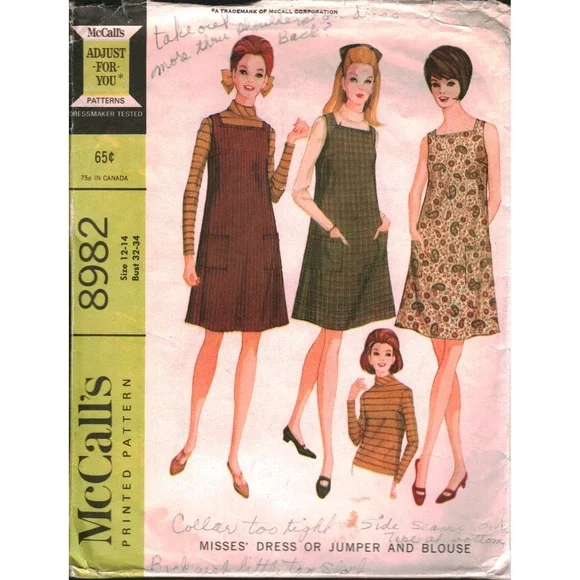 Vintage 1967 McCall's 8982 Sewing Pattern Misses Dress Jumper Blouse Mod 12-14