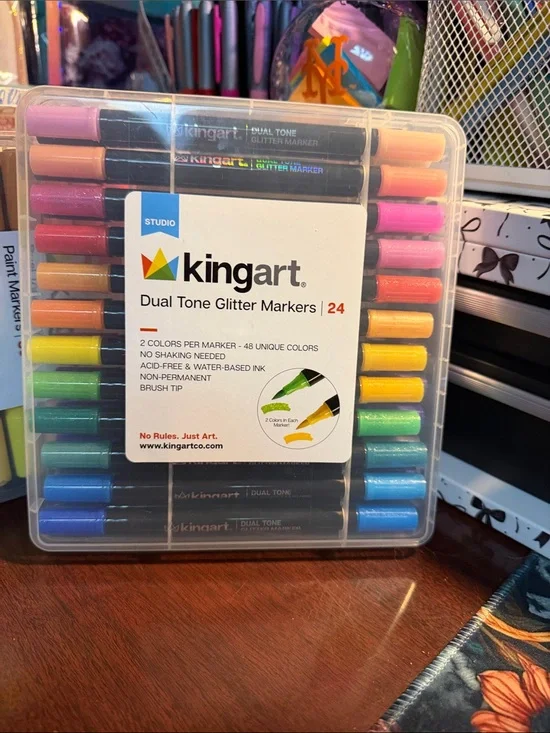 Kingart Studio Dual Tone Glitter Markers - Brush Tip - 24CT - W/Case - NEW