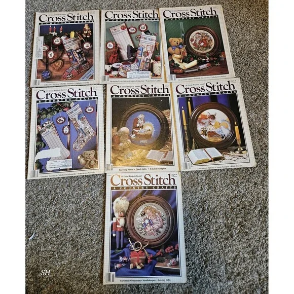 Lot of 7 Cross Stitch & Country Crafts Magazines 1985-1988 Christmas Patterns...