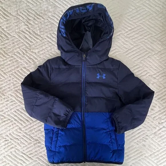 Under Armour Boys Size 5 ColdGear Hooded Puffer Jacket Blue Winter Coat