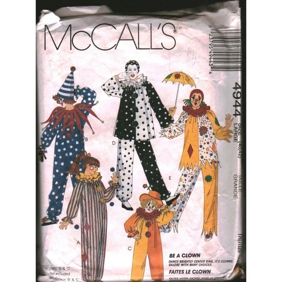 Vintage 1990 McCalls 4944 Be A Clown Costume Sewing Pattern Adult Large CUT