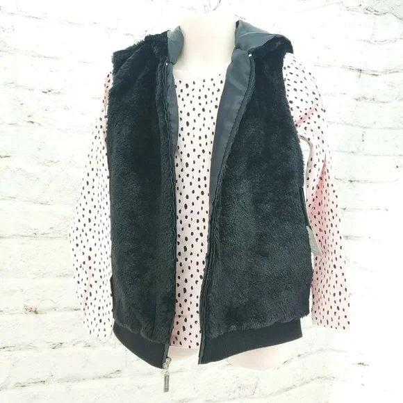 Limited Too Girls Two Piece Black Pale Pink Shirt With Faux Fur Hooded Vest Sz 6