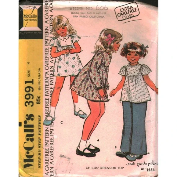 Vintage 1974 McCalls 3991 Childs Dress Top Sewing Pattern Size 4 Puff Sleeve 70s
