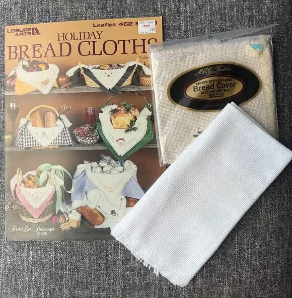 Vintage Cross Stitch Lot Leisure Arts Holiday Bread Cloths Pattern + 2 Covers