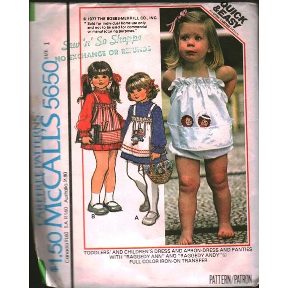 Vintage 1977 McCalls 5650 Raggedy Ann Andy Dress Apron Panties Pattern Size 1