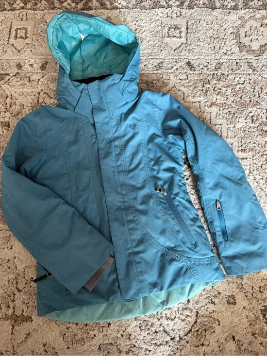 Obermeyer Teal/Light Teal Hooded Puffer winter Jacket