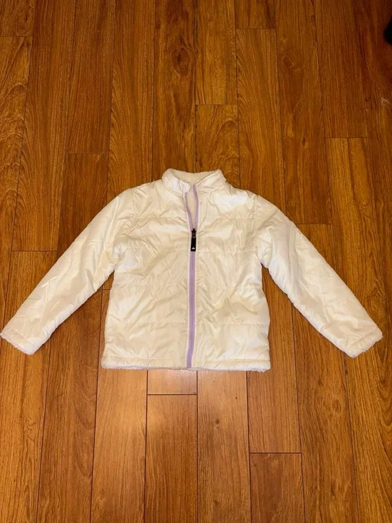 White and purple fleece lined puffer jacket