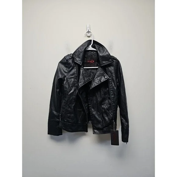 YOKI  Black Faux Leather Moto Biker 1980's Style Jacket Size S  NWT