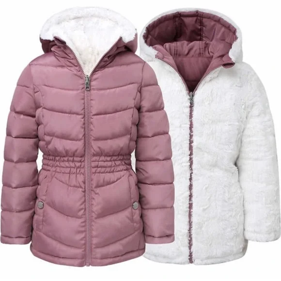 NWT Steve Madden Reversible Hooded Parka Fleece White Rose Pink small 7/8