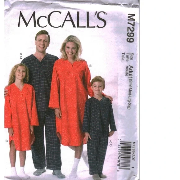McCall's M7299 Family Pajamas Sewing Pattern Nightshirt Pants Adult S