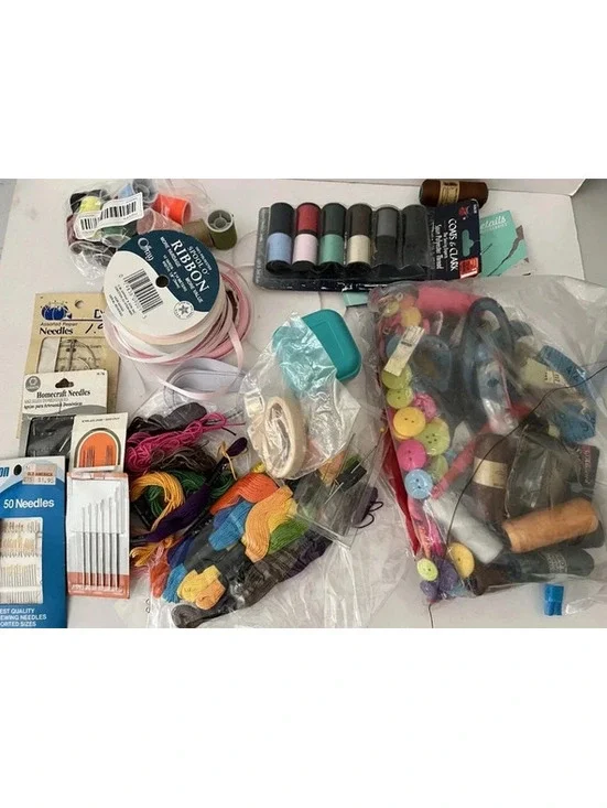 Lot Bulk Of Sewing, Notions, Ribbons, Needles, Pins, Buttons, Vintage Threads
